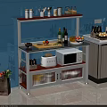 Modern Kitchen Storage Shelf Holding Wine Bottles Microwave Fruits on Cutting Board and Cabinets