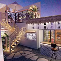 Garden Landscape on Rooftop Terrace with Bamboo Railings Thatched Roof Lanterns and City Night Lights