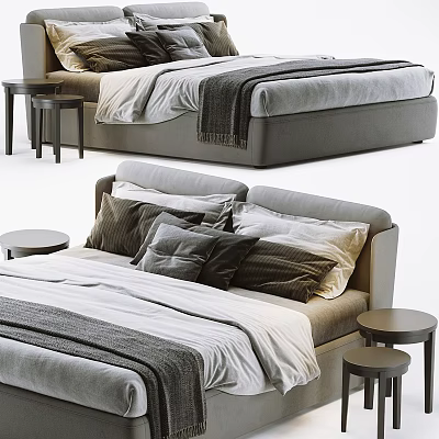 Modern Double Bed With Cozy Pillows Blanket And Wooden Bedside Tables 3d model