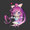 Cute Pink Hair Game Movie Character With Long Ponytail Purple Eyes Heart Decoration Colorful Dress