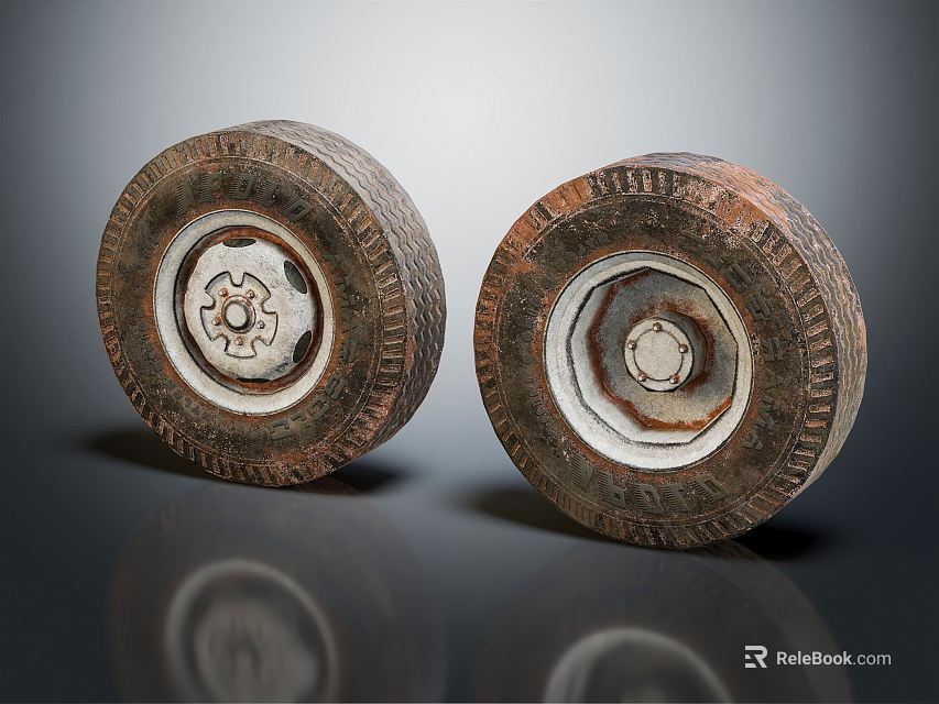 Two Old Vehicle Tires with Worn Tread and Rusty Metal Rims on Reflective Surface 3d model 