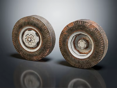 Two Old Vehicle Tires with Worn Tread and Rusty Metal Rims on Reflective Surface 3d model