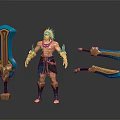 Shirtless Warrior With Feathered Headdress Ornamented Arms And Large Shield Two Curved Blades 3d model