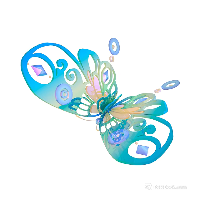 Butterfly Shaped Ornament Decoration Set With Blue Green Tones And Geometric Accents Transparent Colorful Elements 3d model 