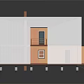 Cartoon Scene of a House with White Triangular Roof Orange Wooden Walls Balcony Railings and Steps