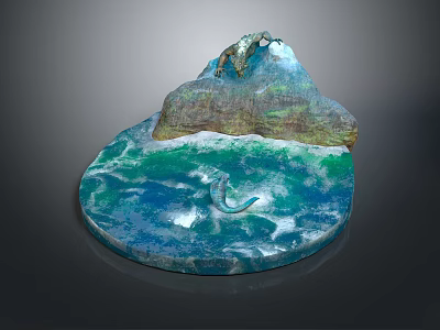 Character On Rocky Island With Lush Green Vegetation And Seahorse In Crystal Blue Water 3d model