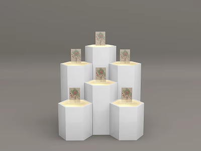 Modern White Polygonal Display Shelves in Pyramid Structure With Smooth Surface And Displayed Items 3d model