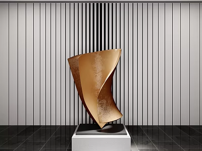 Metallic Curved Streamlined Sculpture On White Pedestal With Vertical Striped Wall And Dark Floor 3d model
