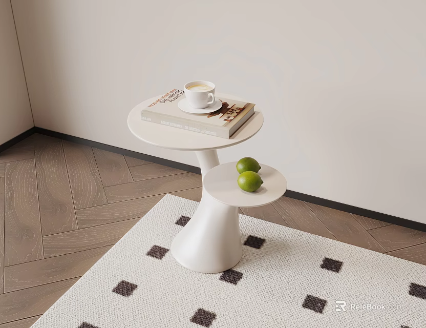 Modern Two Tiered Coffee Table With Coffee Cup Books Limes On Wooden Floor Rug 3d model 