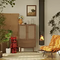 Wooden Chest of Drawers in Cozy Living Room with Orange Armchair Fireplace and Green Plants