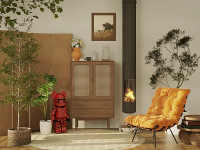 Wooden Chest of Drawers in Cozy Living Room with Orange Armchair Fireplace and Green Plants 3d model