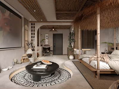 Modern Living Room Interior With Thatched Roof Bamboo Decor Round Rug And Black Coffee Table 3d model
