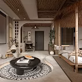 Modern Living Room Interior With Thatched Roof Bamboo Decor Round Rug And Black Coffee Table