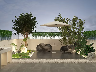 Modern Roof Garden Design With Outdoor Armchairs Umbrella Side Table And Green Plants 3d model