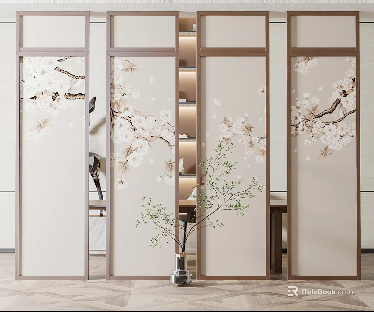 Elegant Room Divider With Cherry Blossom Pattern And Wooden Frame Design 3d model