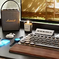 Modern Desk And Chair Combination With Computer Lamp Green Plants Window Curtains And Area Rug