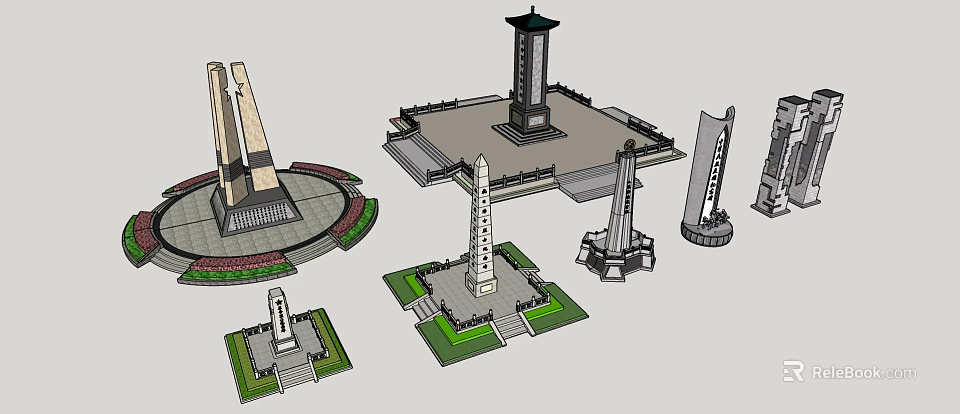 Diverse Architectural Components Including Monuments Obelisks And Towers With Decorative Base Structures 3d model 