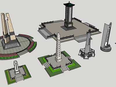Diverse Architectural Components Including Monuments Obelisks And Towers With Decorative Base Structures 3d model