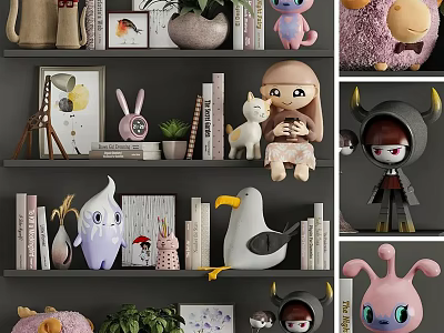 Cute Decorative Ornament Set With Figurines Plants Books And Photo Frames For Home Shelf 3d model