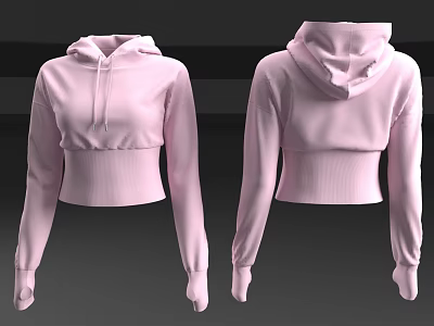 Pink Cropped Hoodie Front And Back View With Ribbed Hem And Cuffs 3d model
