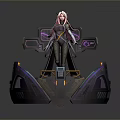 Woman with pink hair standing on futuristic mechanical platform with purple blue tech and weapons