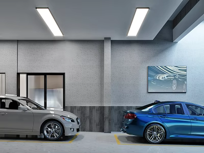 Modern Garage Interior With Two Cars Ceiling Lighting And Wall Art 3d model