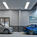 Modern Garage Interior With Two Cars Ceiling Lighting And Wall Art