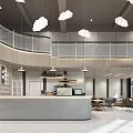 Cozy Modern Café Interior With Staircase Hanging Cloud Lights White Counter And Seating Area