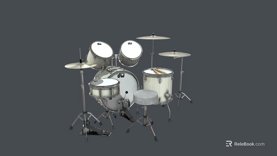 Professional Drum Set With Cymbals Stands And Stool For Musical Instruments 3d model 
