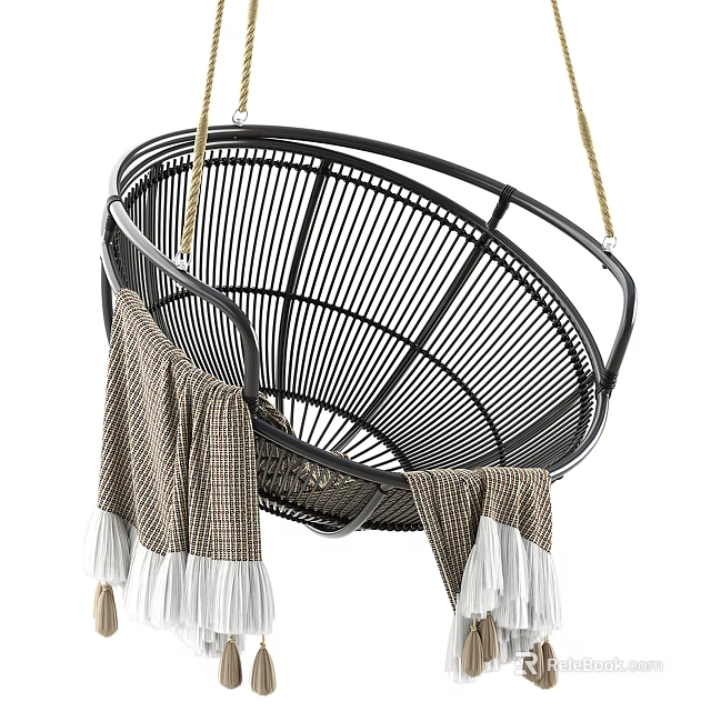 Stylish Black Rattan Hanging Chair With Metal Frame And Plaid Tassel Blankets 3d model 