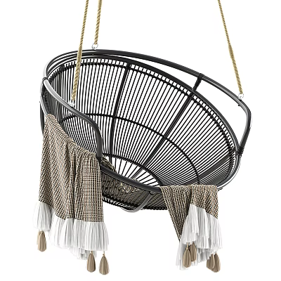 Stylish Black Rattan Hanging Chair With Metal Frame And Plaid Tassel Blankets 3d model