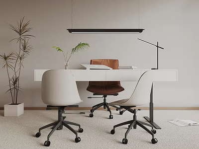 Modern White Office Desk With Three Chairs Plants Desk Lamp And Hanging Light 3d model