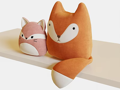 Cute Pink and Orange Fox Shaped Plush Toys on White Shelf with Soft Velvet Texture 3d model