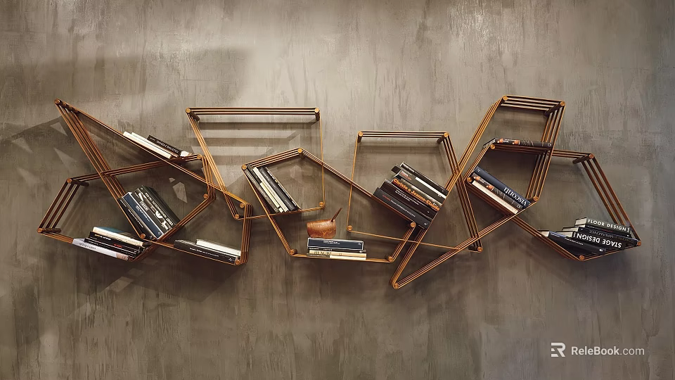 Geometric Wall Mounted Shelves With Modern Metallic Frame And Stacked Books For Contemporary Room Decoration 3d model 