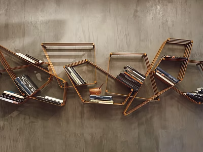 Geometric Wall Mounted Shelves With Modern Metallic Frame And Stacked Books For Contemporary Room Decoration 3d model