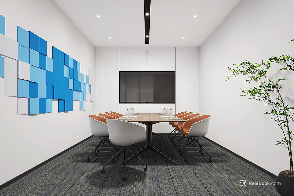 Modern Conference Room with Blue Square Decor White Orange Chairs Table Screen and Green Plant 3d model 