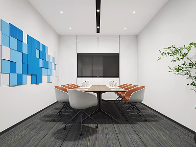 Modern Conference Room with Blue Square Decor White Orange Chairs Table Screen and Green Plant 3d model