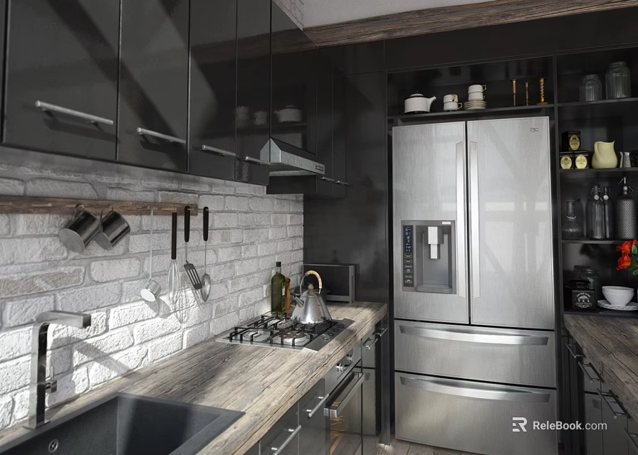 Modern Kitchen With Black Cabinets Wooden Countertop And White Brick Wall 3d model 