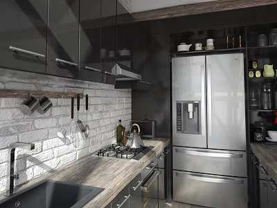 Modern Kitchen With Black Cabinets Wooden Countertop And White Brick Wall 3d model