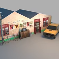 Nostalgic Vintage Art Installation with Brick Wall Old Street Signs Posters Bicycle and TV