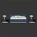 Contemporary Bedroom Interior With Blue Bed Frame White Bedding Gray Blanket Nightstands And White Lamps
