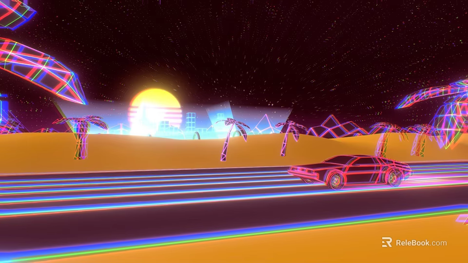 Game and Movie Characters in Cyberpunk Desert With Neon Sunset Palm Trees and Geometric Car 3d model 