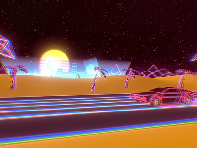 Game and Movie Characters in Cyberpunk Desert With Neon Sunset Palm Trees and Geometric Car 3d model