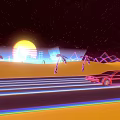 Game and Movie Characters in Cyberpunk Desert With Neon Sunset Palm Trees and Geometric Car