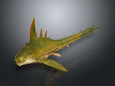 Prehistoric Aquatic Animal With Green Yellow Body Spiked Dorsal Fin Sharp Teeth Streamlined Shape 3d model