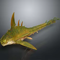 Prehistoric Aquatic Animal With Green Yellow Body Spiked Dorsal Fin Sharp Teeth Streamlined Shape