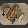 Fresh Baked Bread And Baguette On Wooden Cutting Board With Butter Slice And Knife