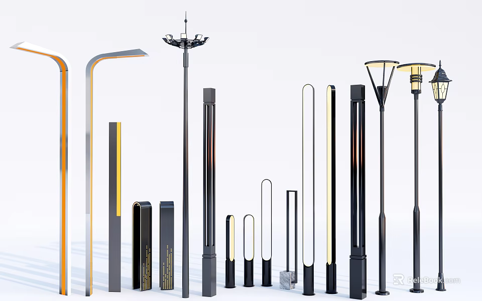 Modern Outdoor Lights With Various Designs Different Heights And LED Illumination 3d model 
