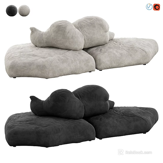 Soft Gray And Black Plush Sofa Design With Comfortable Cushions And Modern Style 3d model 