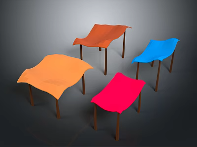 Colorful Modern Tables With Orange Red Blue Tops And Wooden Legs Design 3d model
